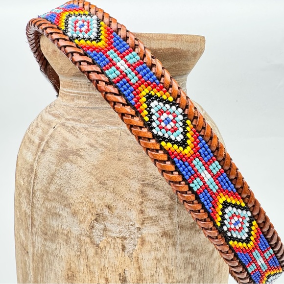 Vintage Hand-Beaded Leather Belt | Boho Western | Braided Leather Patina Buckle main image 4
